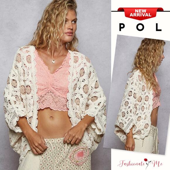 POL Contrast Floral Details Openwork V-Neckline Chenille Cardigan | Cream/Latte - Picture 1 of 13